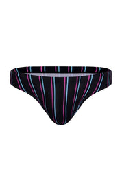 Black men's swim brief with neon pink and blue vertical stripes, isolated on white background