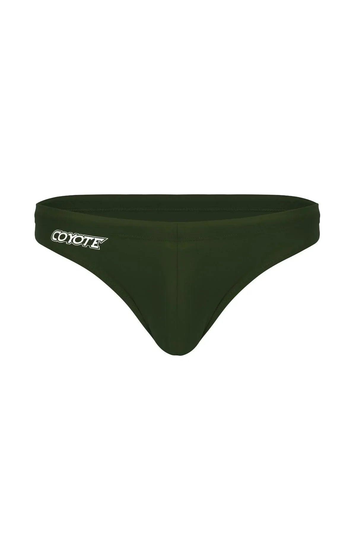 Classic olive green men's swim brief with white logo on front waistband, isolated on white background