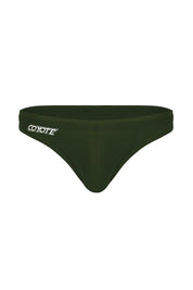 Classic olive green men's swim brief with white logo on front waistband, isolated on white background