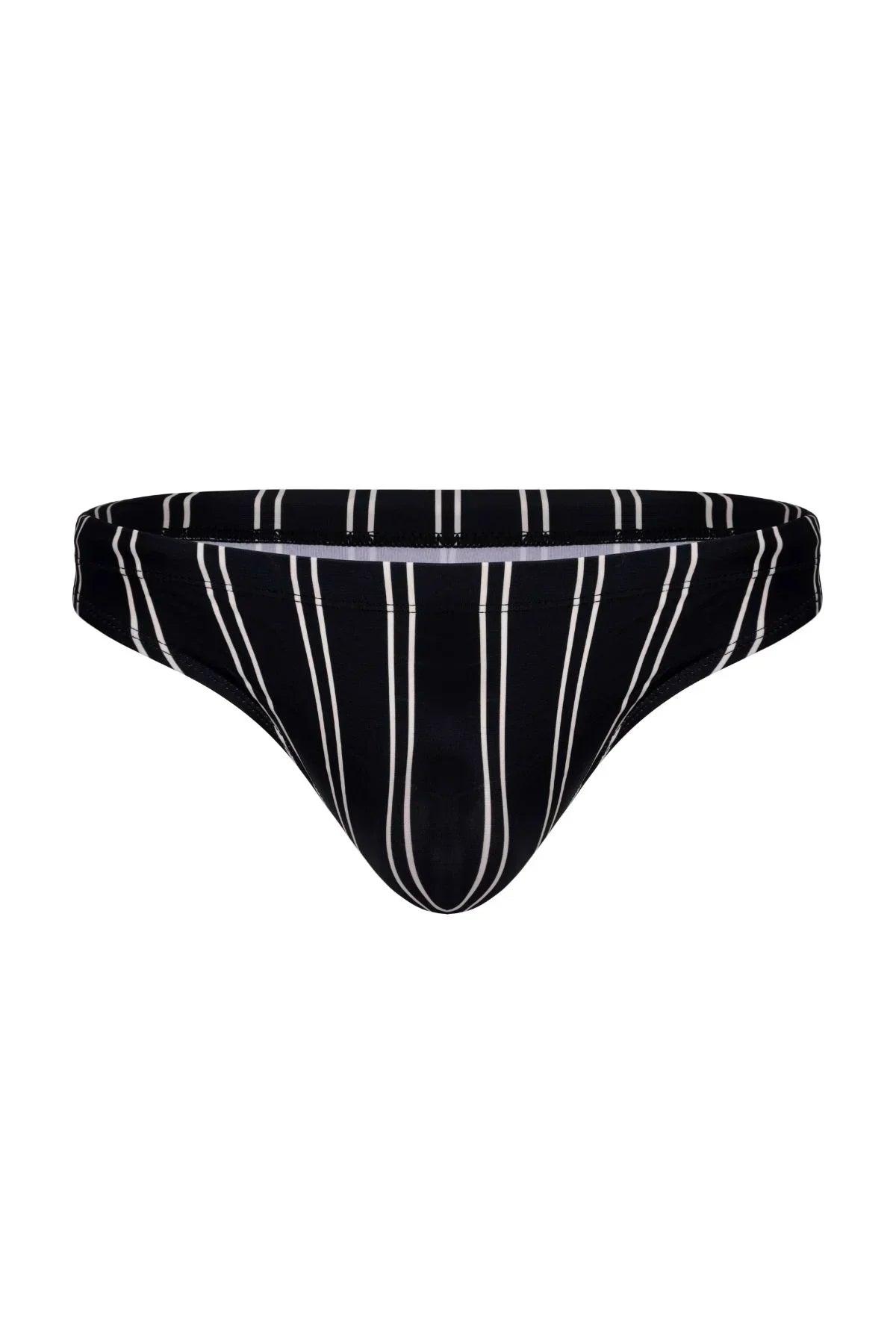Black striped men's swim brief with vertical white lines, front view, isolated on white