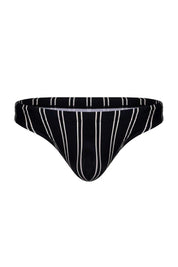 Black striped men's swim brief with vertical white lines, front view, isolated on white