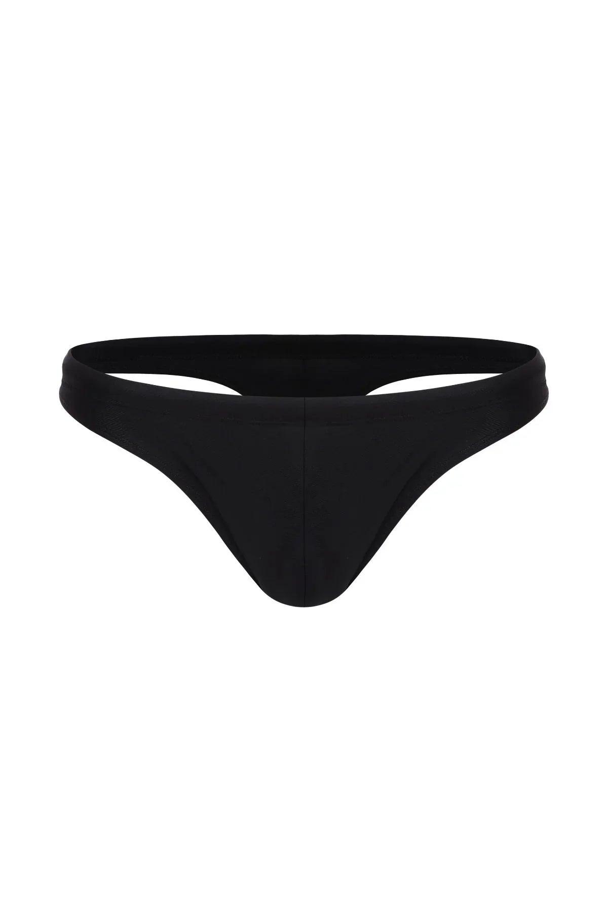 Black men's swim thong with minimal coverage, front view, solid midnight color