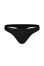 Black men's swim thong with minimal coverage, front view, solid midnight color