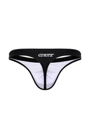 Black men's swim thong with white lining and bold COYOTE logo on waistband, front view