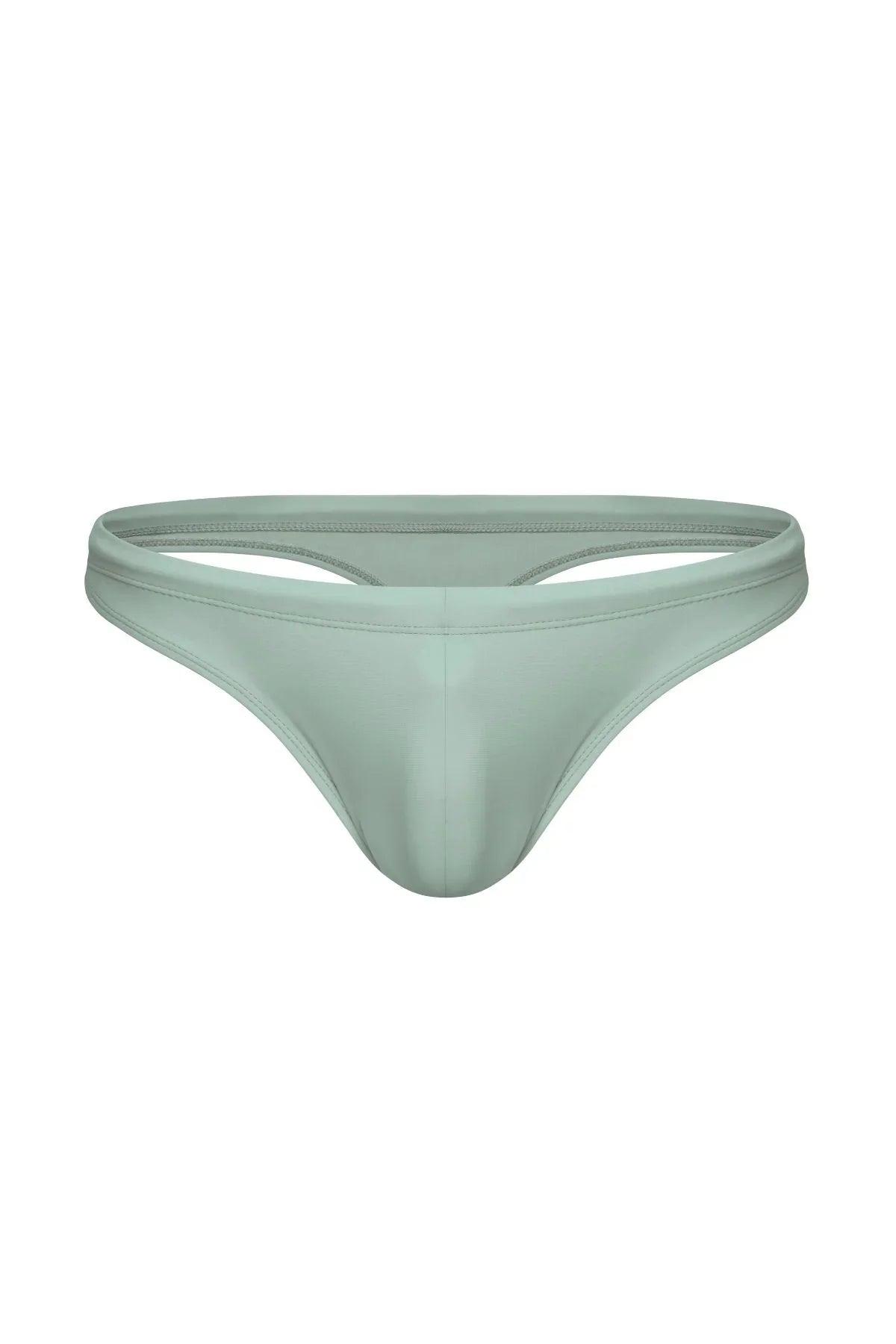 Men’s sage green swim thong with low-rise waistband, front view on white background