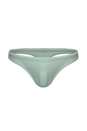Men’s sage green swim thong with low-rise waistband, front view on white background