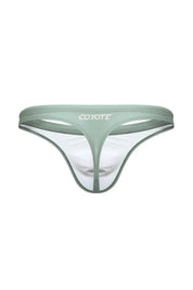 Sage green men's swim thong with cut-out front detail and white lining, isolated on white
