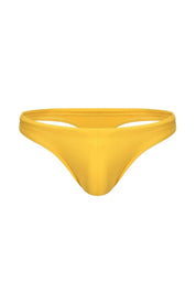 Bright yellow men's swim thong with low-rise cut and minimal coverage, isolated on white background