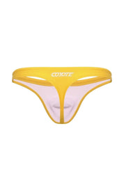 Yellow men's swim thong with cut-out design and logo, isolated on white background.