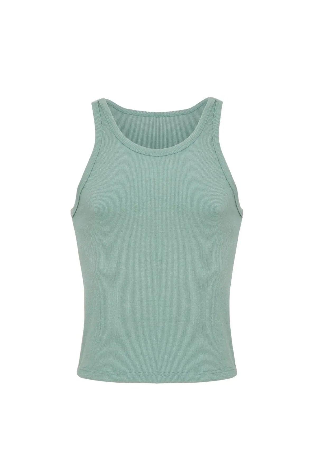 Grey sage ribbed cotton crop tank top, sleeveless, front view on white background