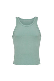 Grey sage ribbed cotton crop tank top, sleeveless, front view on white background