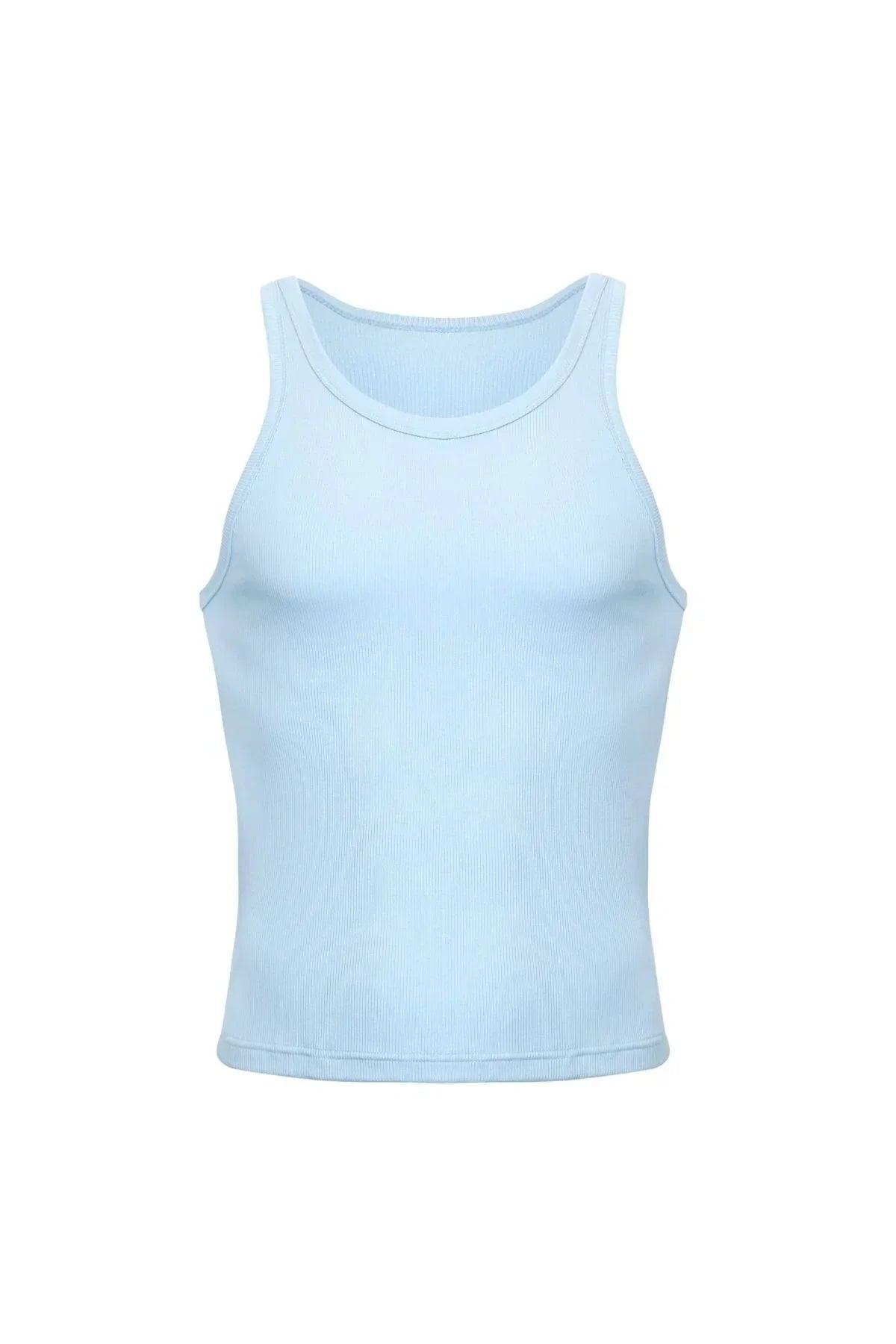 Light blue ribbed cotton crop tank top, sleeveless, front view, isolated on white background