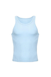 Light blue ribbed cotton crop tank top, sleeveless, front view, isolated on white background