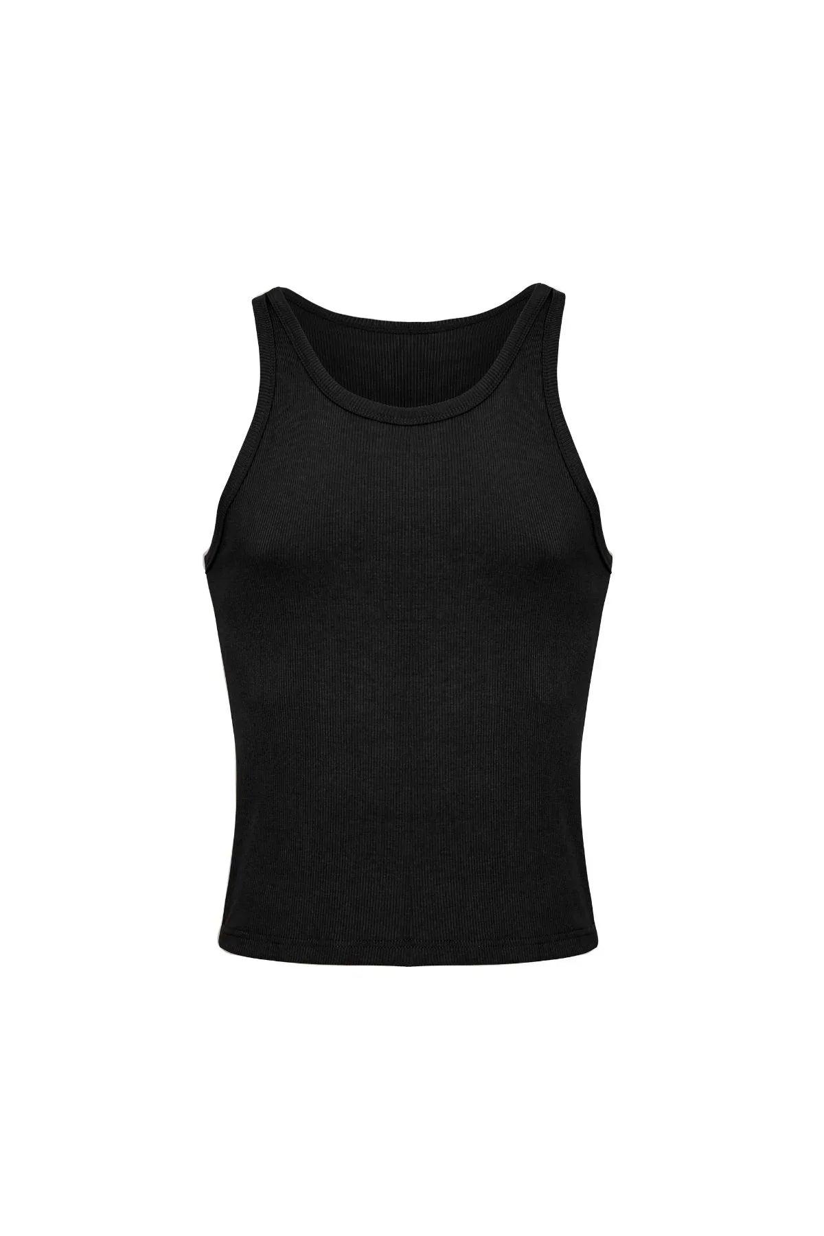 Black cotton ribbed crop tank top, sleeveless, minimalist design, front view