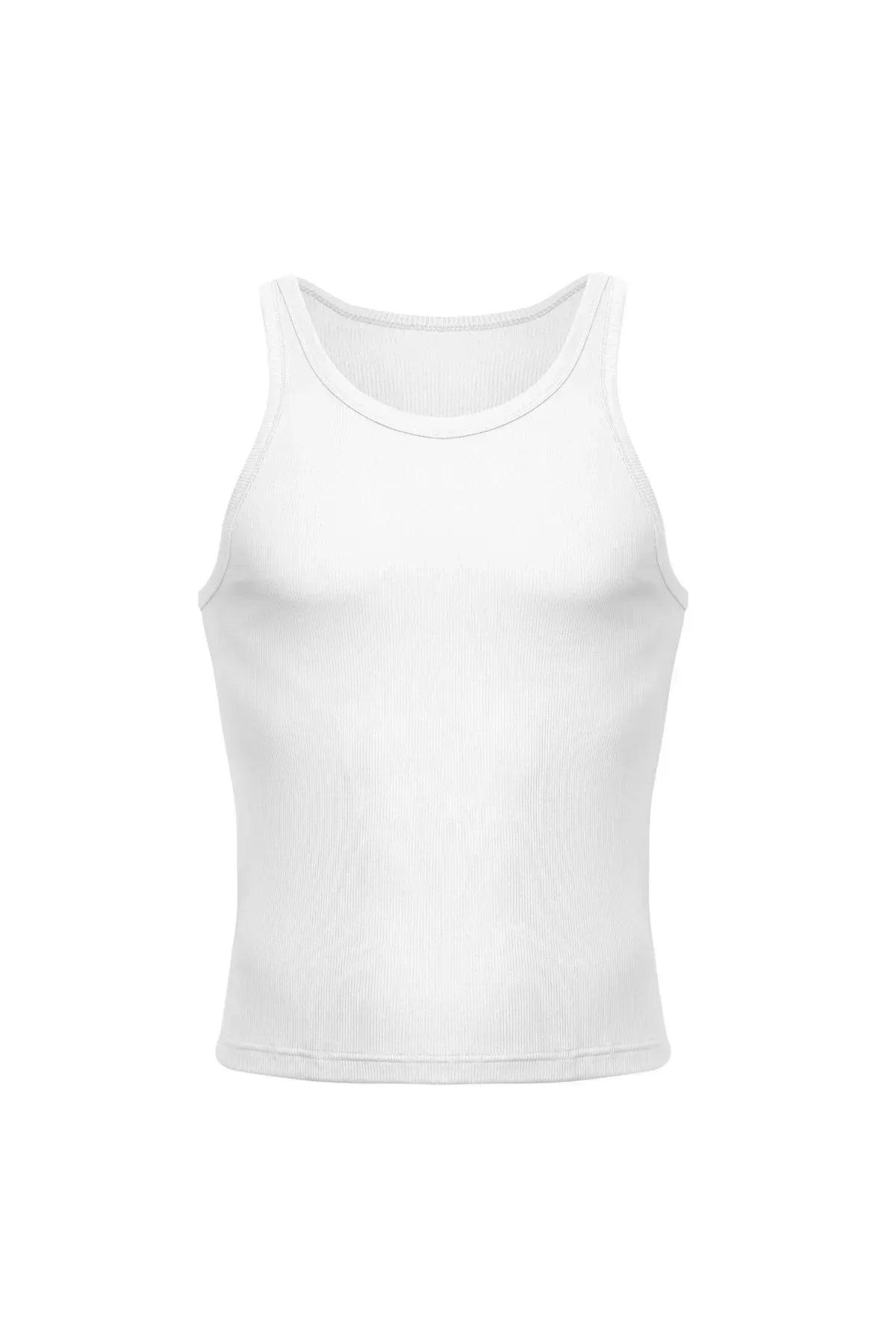 White cotton rib crop tank top, sleeveless, athletic fit, front view on white background