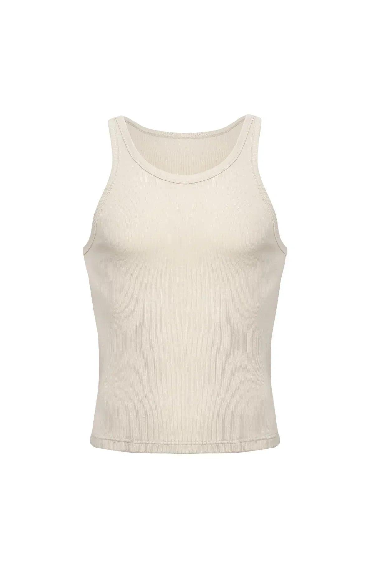 Sand ribbed cotton crop tank top, sleeveless, fitted, front view on white background