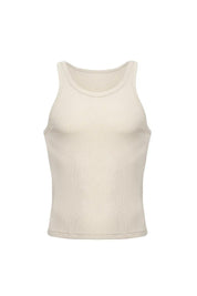 Sand ribbed cotton crop tank top, sleeveless, fitted, front view on white background
