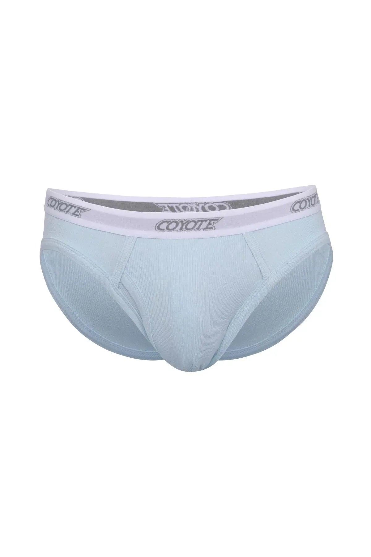 Light blue ribbed cotton men's brief with white branded waistband, fly front design