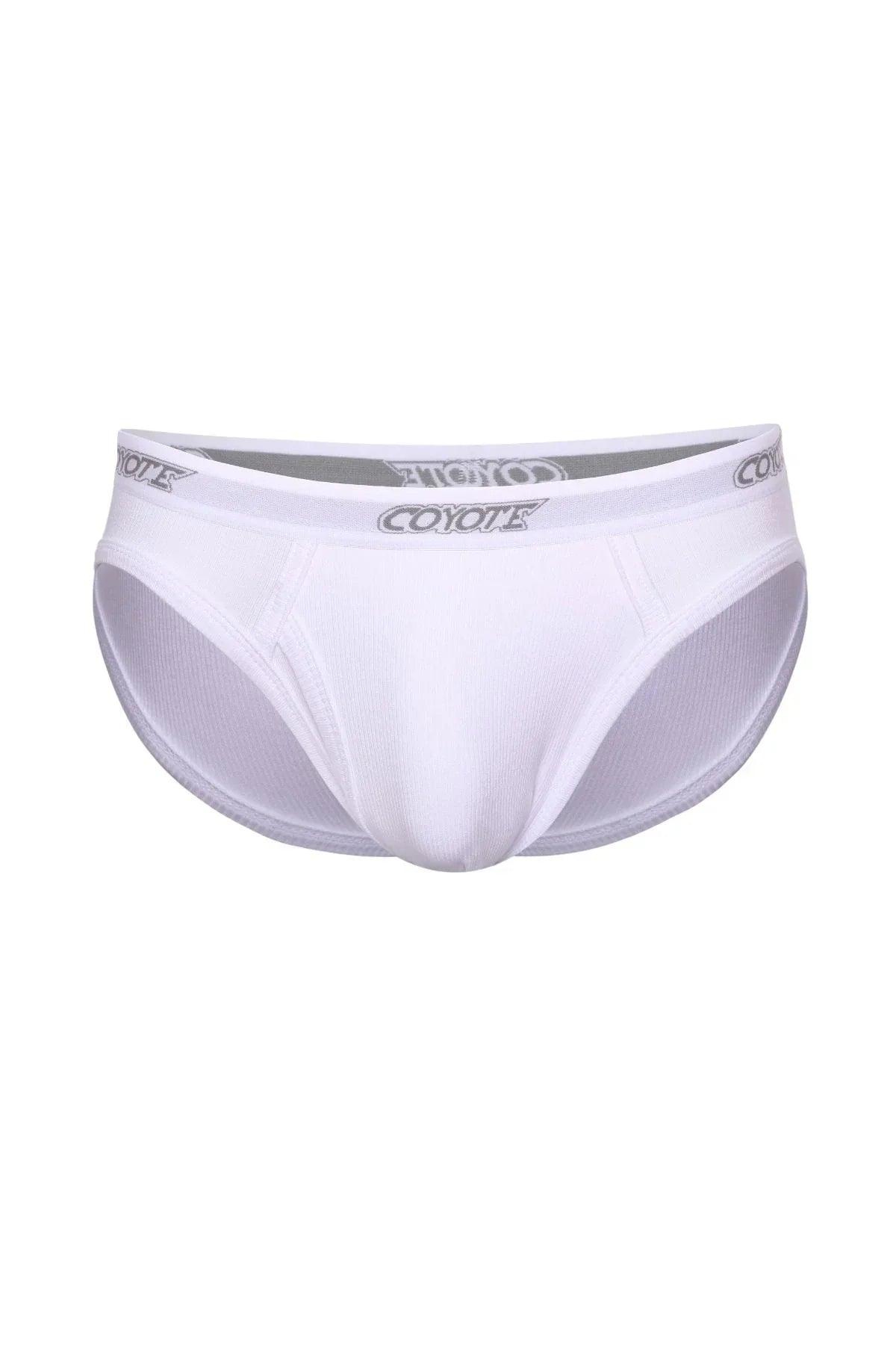 White ribbed men’s brief underwear with fly front and branded waistband on white background