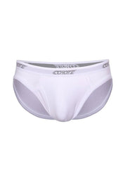 White ribbed men’s brief underwear with fly front and branded waistband on white background