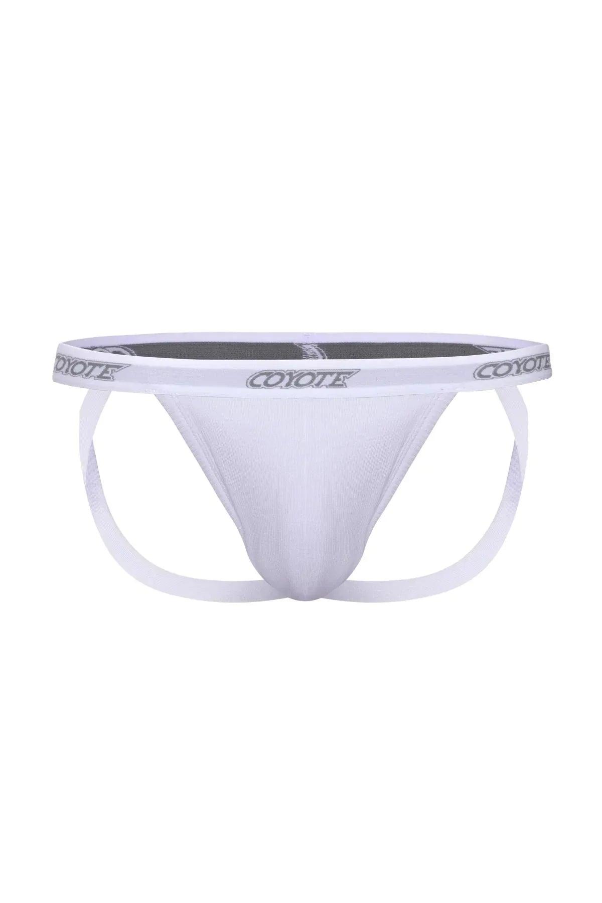 White cotton rib jockstrap with elastic waistband and bold contrast logo, sporty minimalist design