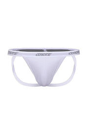 White cotton rib jockstrap with elastic waistband and bold contrast logo, sporty minimalist design