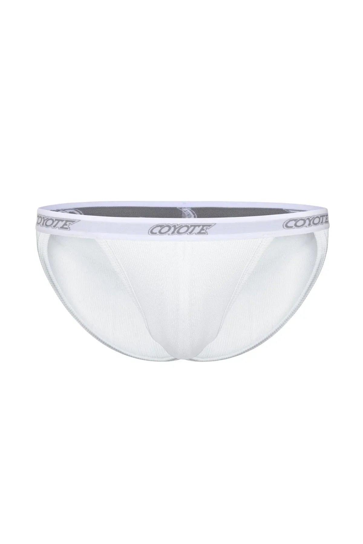 Pure white cotton rib sport brief with contoured pouch and logo waistband on white background