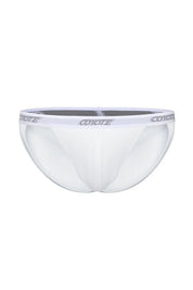 Pure white cotton rib sport brief with contoured pouch and logo waistband on white background