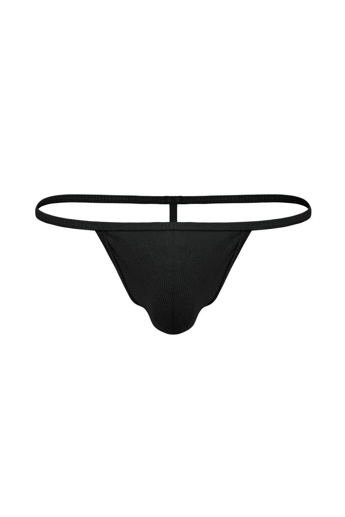 Black cotton rib T-string thong underwear with minimal straps for men on white background