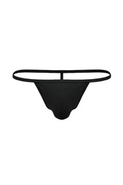 Black cotton rib T-string thong underwear with minimal straps for men on white background
