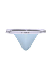 Men's baby blue cotton rib thong with white elastic waistband and logo on front