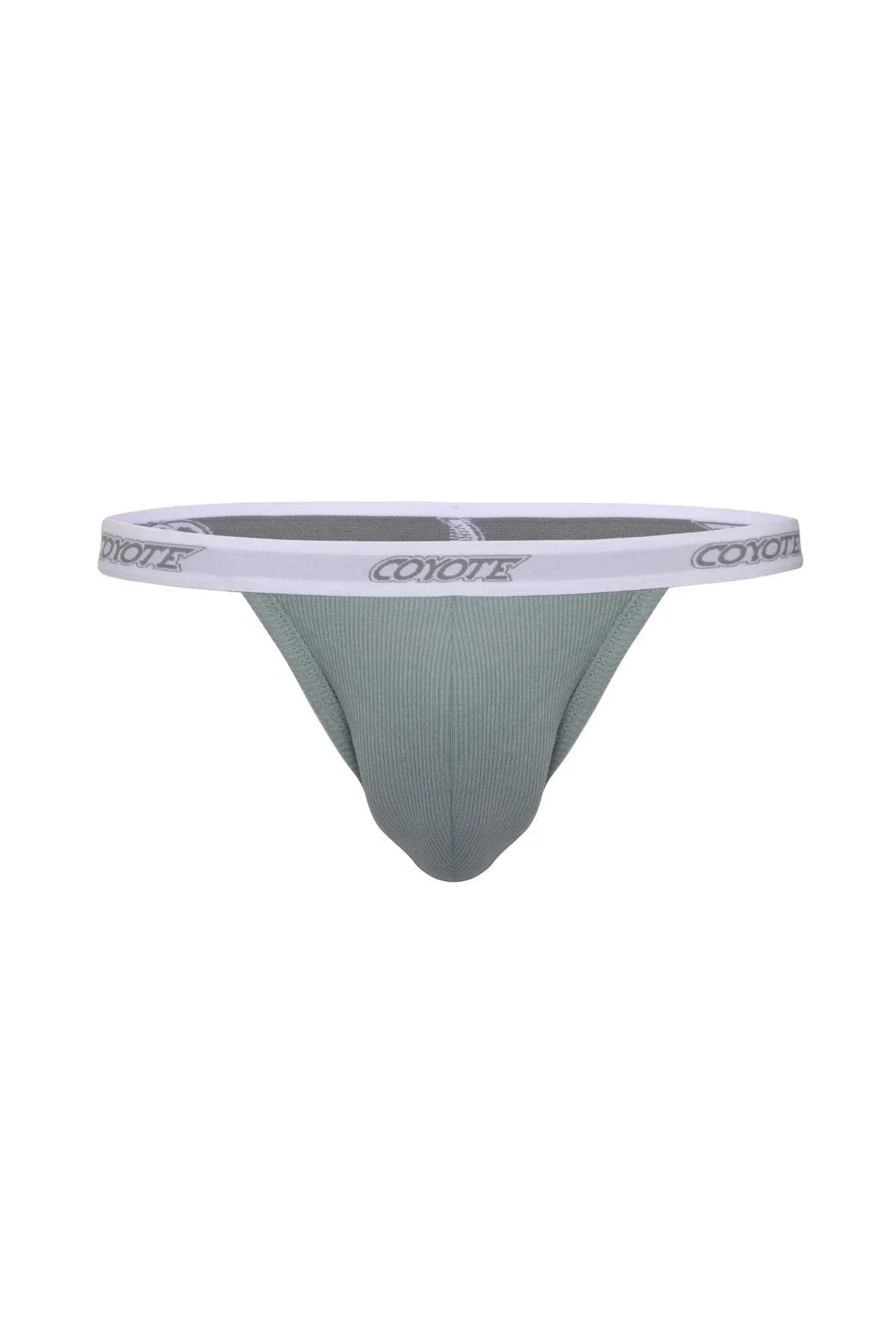 Grey sage cotton rib thong with white elastic waistband and logo, men's underwear