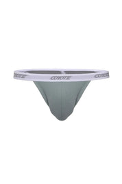 Grey sage cotton rib thong with white elastic waistband and logo, men's underwear