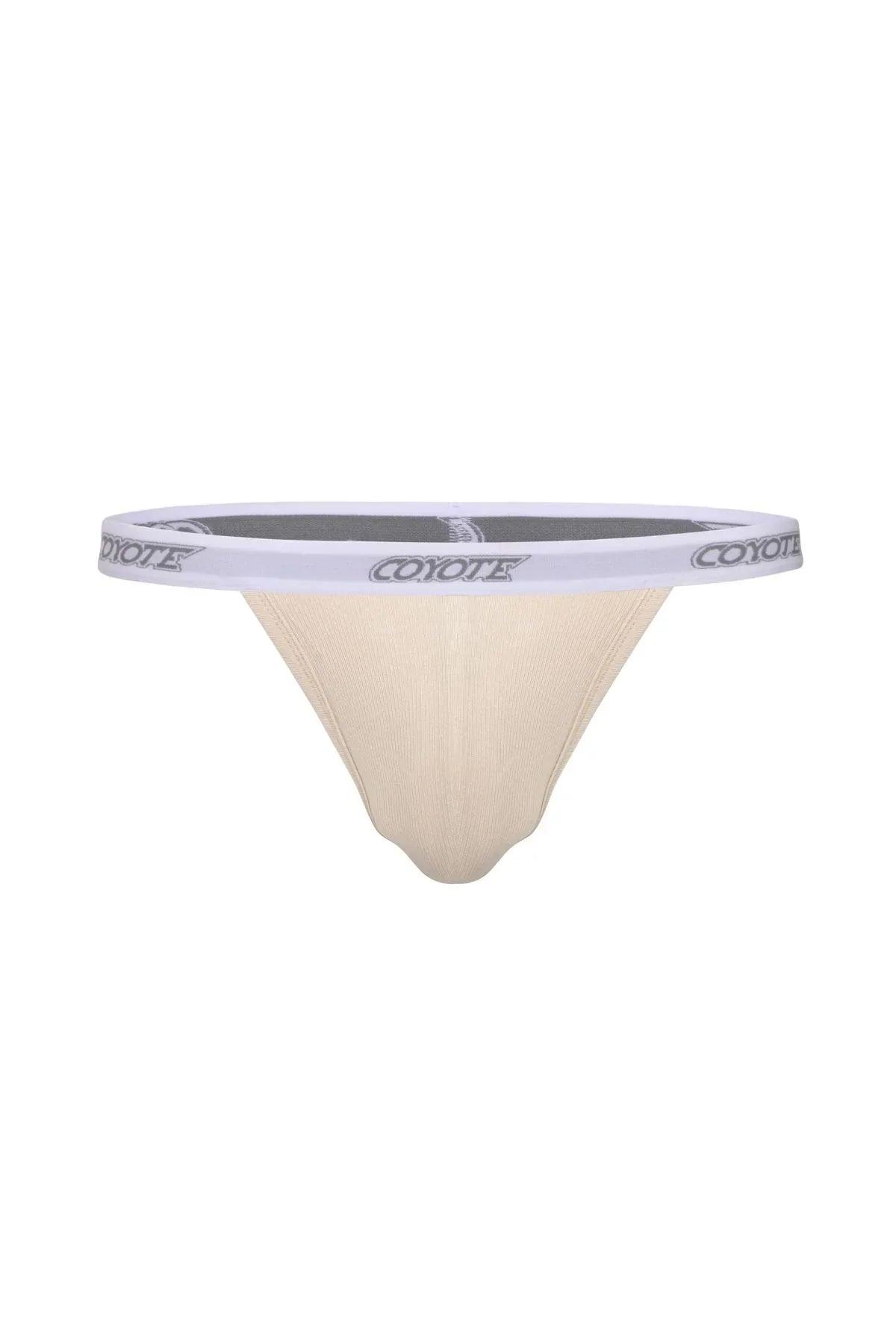 Men's sand ribbed cotton thong with white logo waistband, front view.