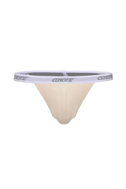 Men's sand ribbed cotton thong with white logo waistband, front view.