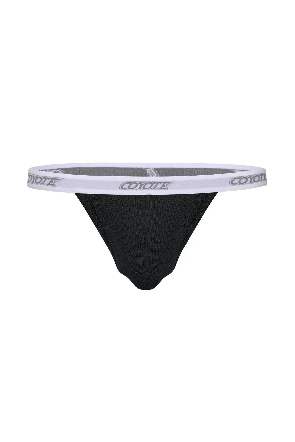 Black cotton rib thong with white elastic waistband and Coyote logo, men's underwear