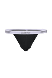 Black cotton rib thong with white elastic waistband and Coyote logo, men's underwear