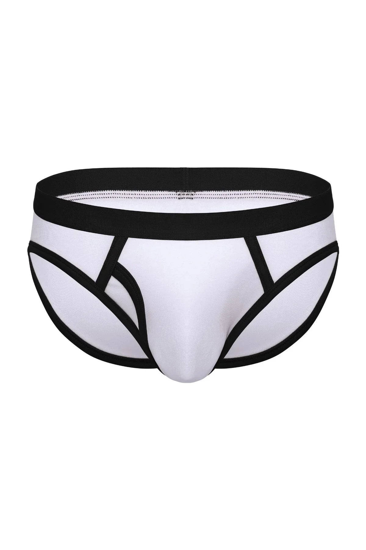 White cotton men's ringer brief with black trim and contoured pouch, displayed on white background.