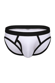 White cotton men's ringer brief with black trim and contoured pouch, displayed on white background.