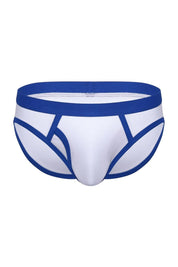 White cotton men's ringer brief underwear with blue trim and contoured pouch, front view