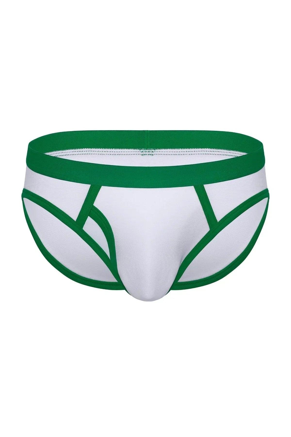 White cotton men's ringer brief with green waistband and trim, front view
