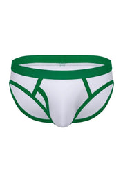 White cotton men's ringer brief with green waistband and trim, front view