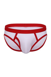 White cotton men's ringer brief underwear with bold red trim and supportive pouch