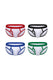 Set of four men's cotton ringer briefs in white with red, black, blue, and green trim.