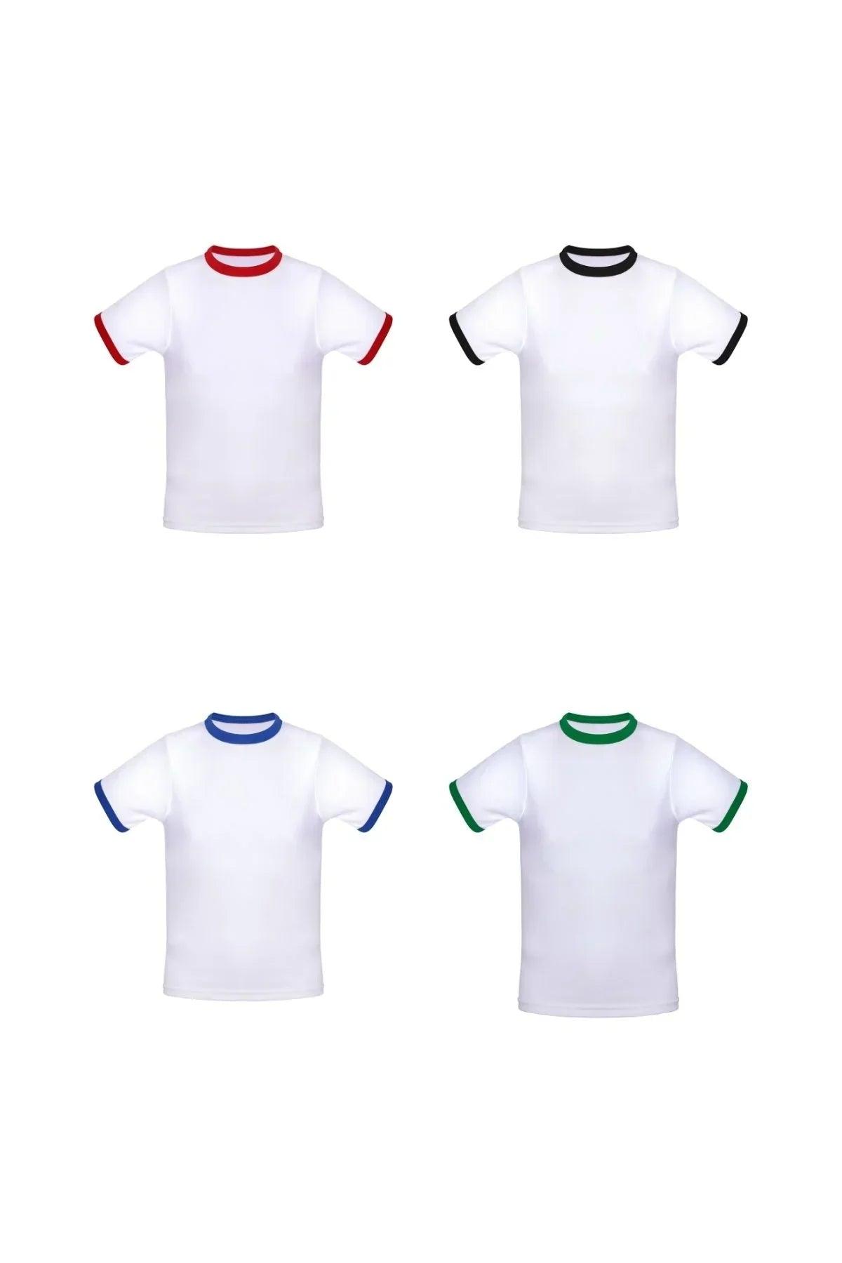 White cotton ringer shirts with red, black, blue, and green trim displayed on white background