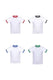 White cotton ringer shirts with red, black, blue, and green trim displayed on white background