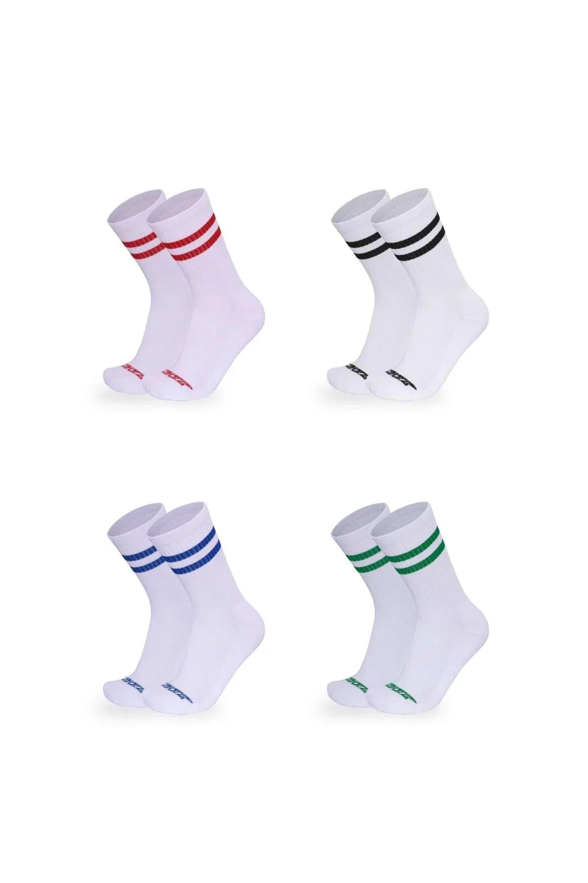 Four pairs of white cotton crew socks with red, black, blue, and green stripes.