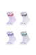 Four pairs of white cotton crew socks with red, black, blue, and green stripes.