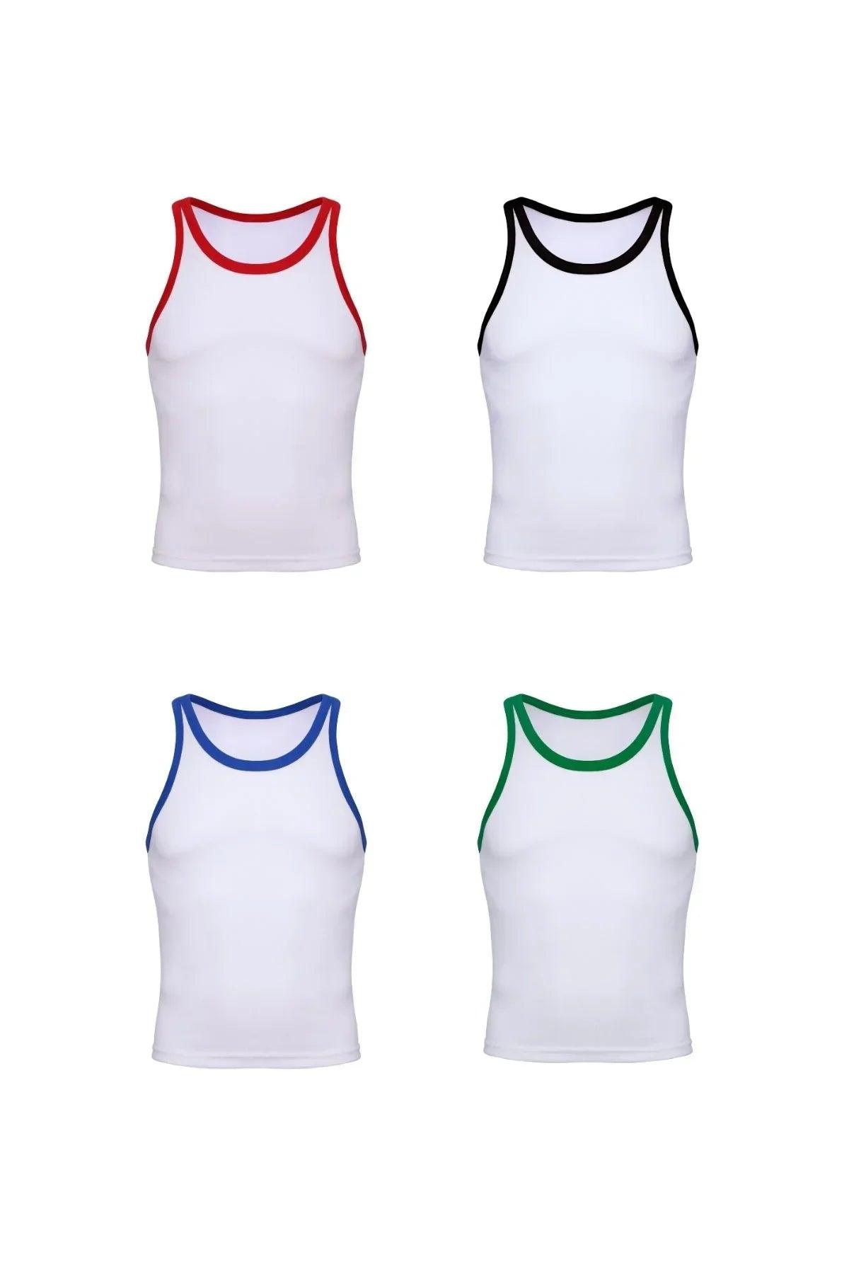 Set of four white cotton ringer tank tops with red, black, blue, and green trim