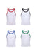 Set of four white cotton ringer tank tops with red, black, blue, and green trim